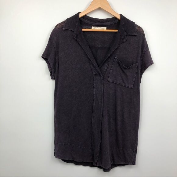 We the Free by FP The Posh Polo Tee Linen Blend Purple XS - Picture 3 of 9